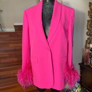 Zara Medium Hot Pink Blazer Jacket With Feathered Cuffed Sleeves Lined NWT